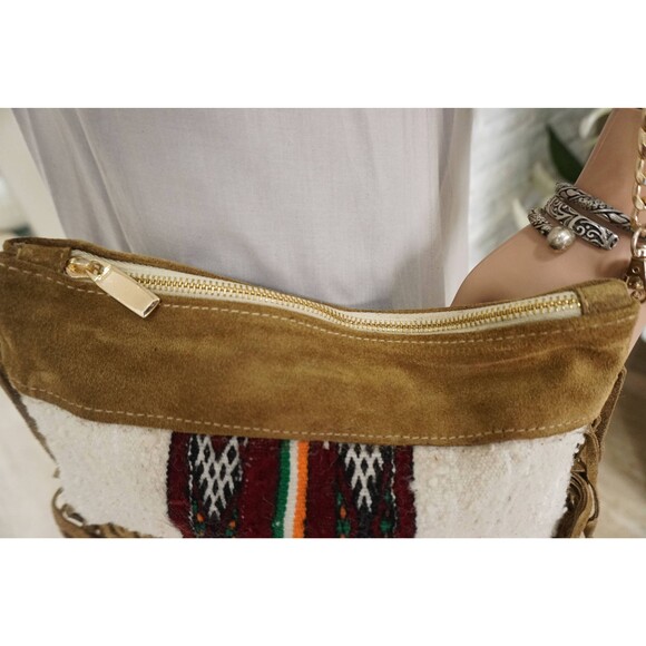 Moroccan Handira Suede Leather Fringe Clutch Bag Kilim Purse - Picture 5 of 10